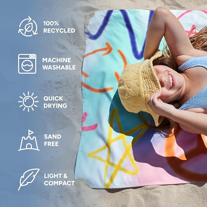 Dock & Bay Beach Towel - Quick Dry, Sand Free - Compact, Lightweight - 100% Recycled - Includes Bag - Sand to Streets - Large (160x90cm, 63x35)