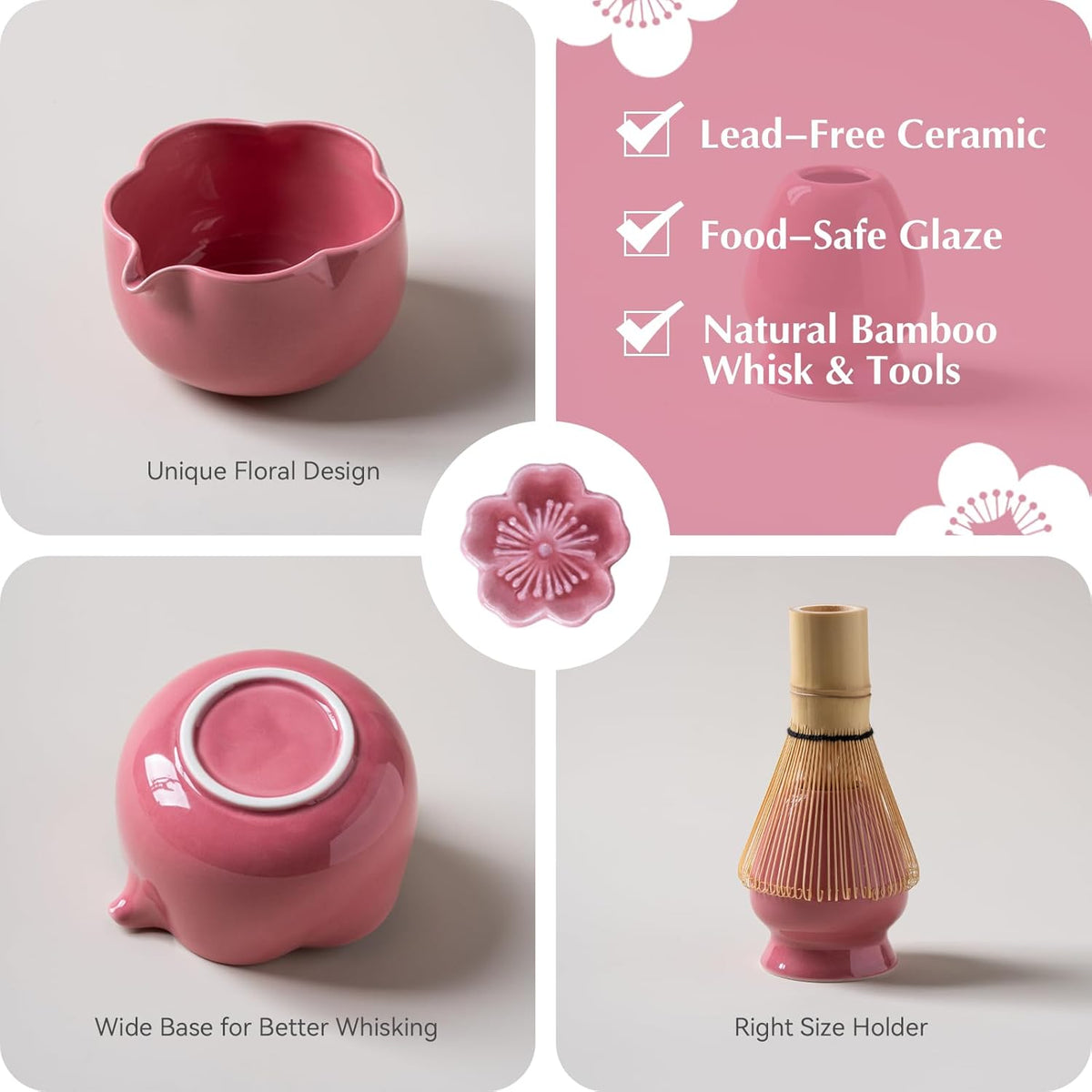 Matcha Set, 8Pcs Floral Ceramic Matcha Set with Matcha Whisk, Holder, Scoop, Scoop Rest, Sifter, Spoon and Tea Towel - Thoughtful Matcha Whisk Set Gift for Matcha Lovers (Pink)