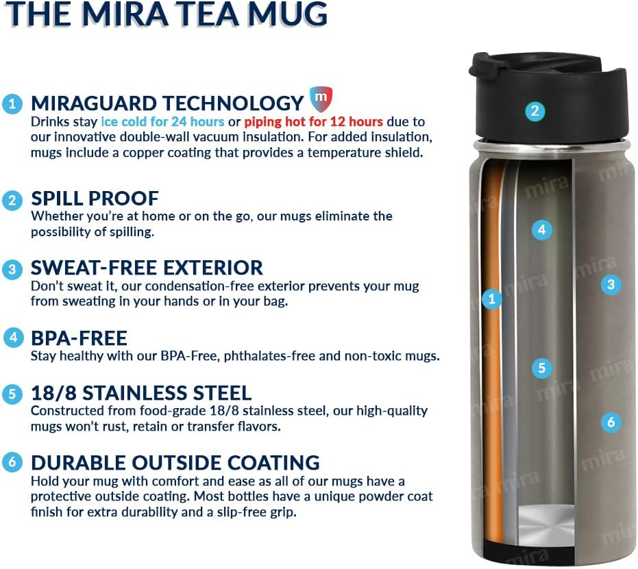 MIRA 18 oz Tea Infuser Thermos - Stainless Steel Travel Bottle with Removable Strainer for Loose Leaf Tea - Insulated Hot & Cold Brew Steeper - Marine