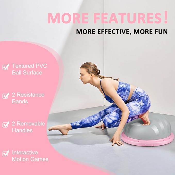 2-in-1 Balance Ball & Plank Board Trainer with App & 4 Interactive Games, Half Exercise Ball for Pilates & Yoga, Core Strength Training, Home Gym Workout, with 2 Resistance Bands & Pump