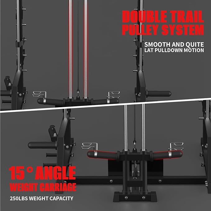 Smith Machine, Power Rack with LAT Pulldown System, Power Cage with Cable System, Squat Rack for Home Gym with Chest Press Machine, Spotter Arms, Leg Curl Attachment and More