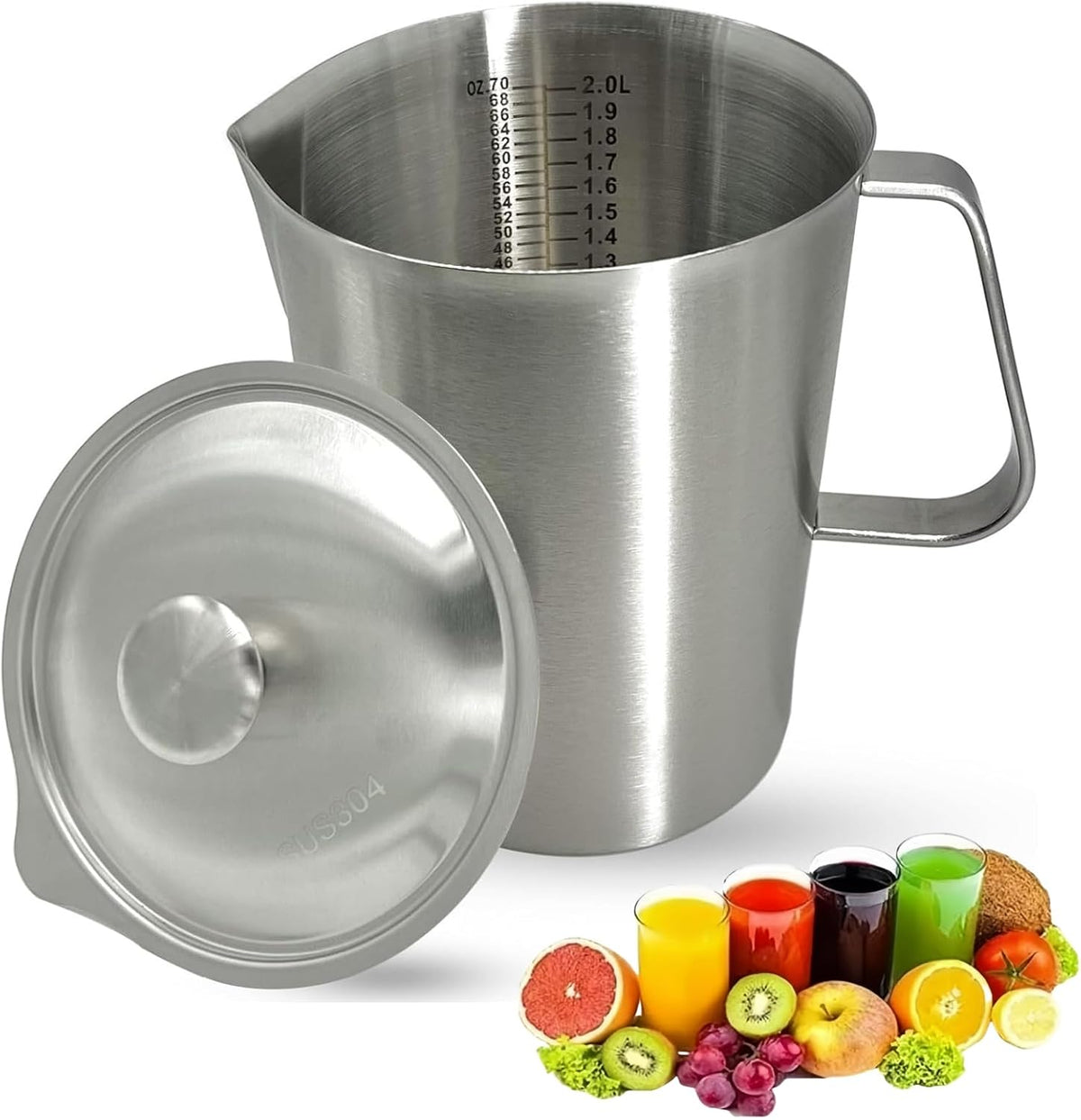 70 oz Stainless Steel Pitcher with Lid and Handle – Large Metal Measuring Cup with Markings, 2 Liter Water Jug for Frothing Milk, Latte Art, Coffee, Iced Tea, Espresso, Hot or Cold Liquids