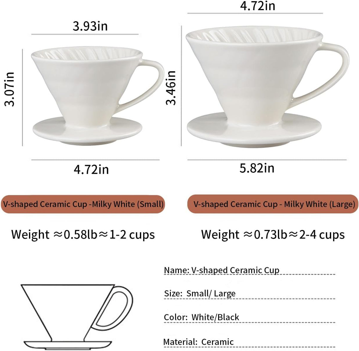 Pour Over Coffee Maker, Single Cup Coffee Dripper, Manual Porcelain Slow Brewing Accessories for Travel, Camping, Office, Home, Cafe, Coffee Gifts (White, Large,2-4Cups)