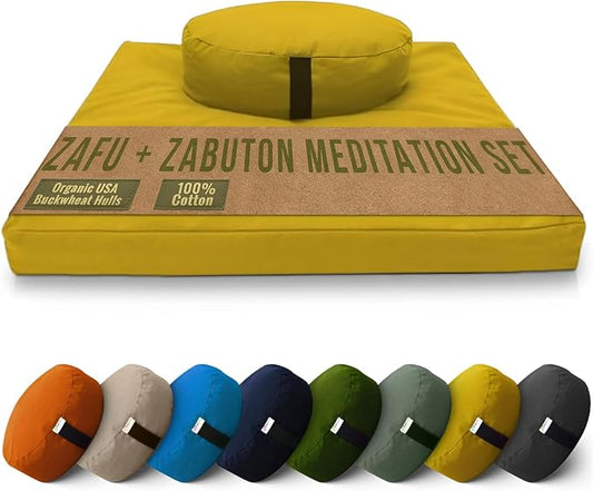 Bean Products Meditation Cushion Mat Set - Zafu Floor Pillow Organic Buckwheat Pillow + Cotton Filled Zabuton Prayer Pad - Meditation Pillow Yoga Knee Pad - Made in USA - 14" Round or 18" Oval