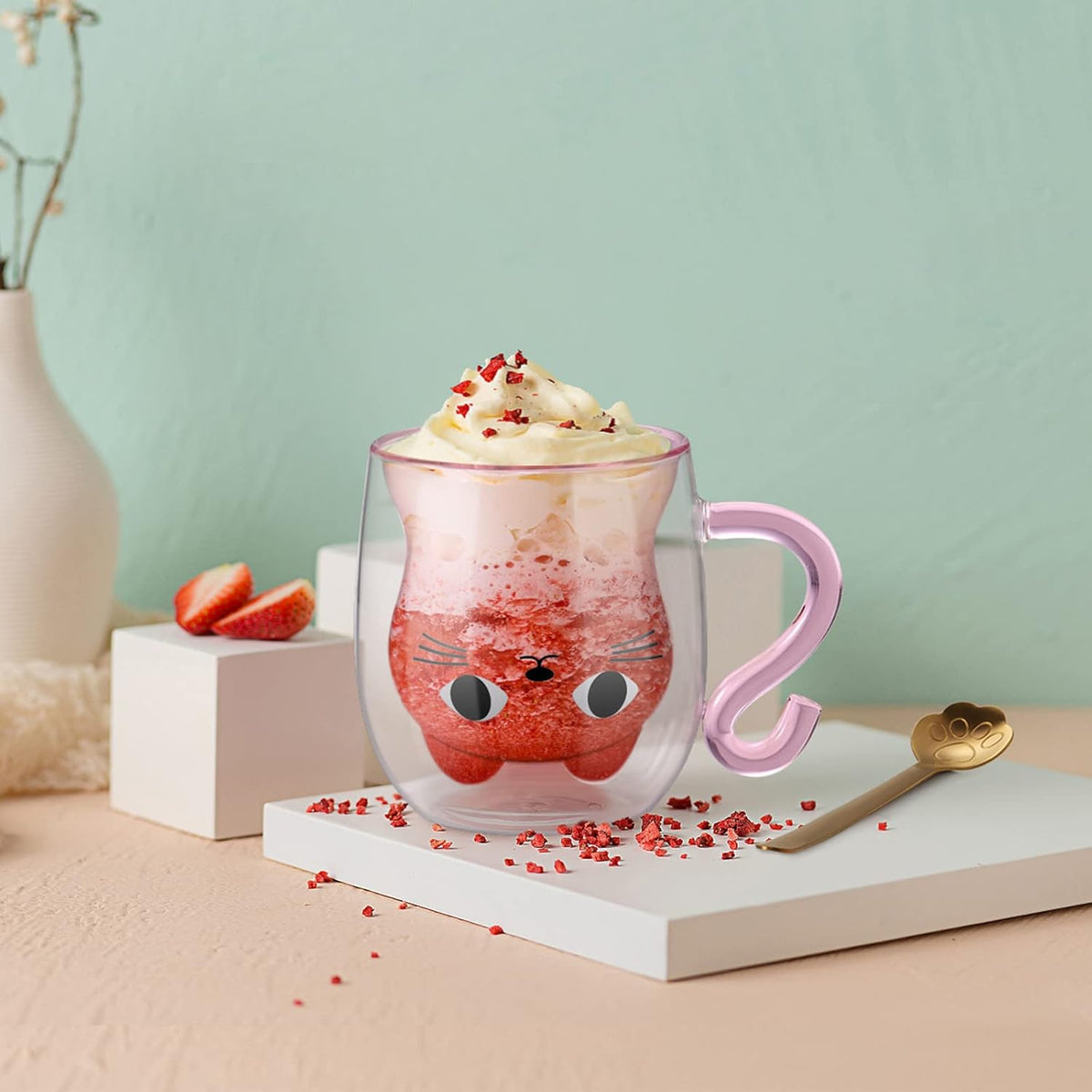 ecooe Cute Cat Mug Double Walled Glass Mug 290ml Coffee Cup Cappuccino Latte Glass Cup with Handle and Spoon, Clear Glass Coffe Mug Tea Cup Cat Birthday Christmas Gifts for Women Kids Girls Friends