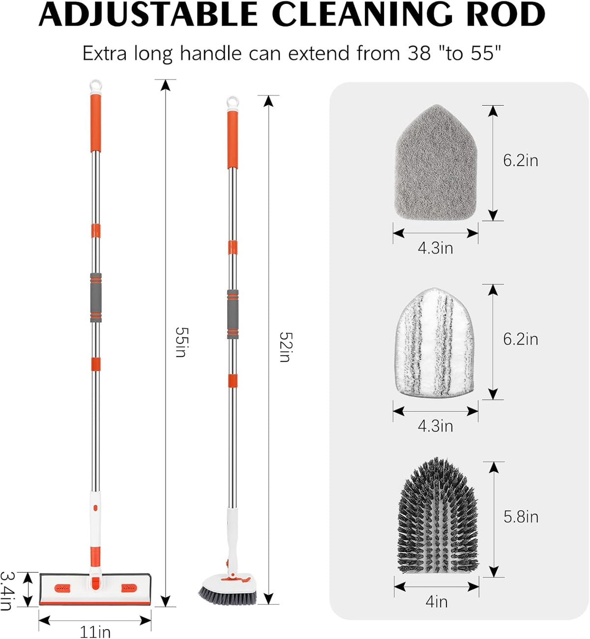 SetSail 4-in-1 Tile Tub Floor Scrubber with 52-inch Adjustable Long Handle Shower Cleaner Brush Comes with Window Scrubber and 3 Replacement Brush Heads for Cleaning Bathroom Kitchen Tub Tile,Orange