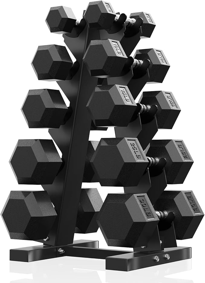 PAPABABE Hex Dumbbell Sets with Rack, 60-550lb Rubber Coated Dumbbell Weight Set and Storage Rack, Multiple Options Hand Weights for Strength Training