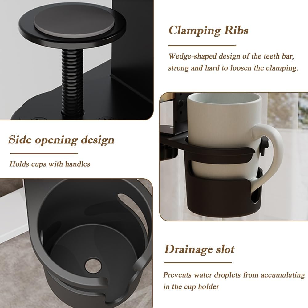 Desk Cup Holder 360° Rotating Under Table, Anti-Spill Cup Holder with Adjustable Clip, Hidden Water Bottle Stand Coffee Mug Storage for Home Office and School (Black)