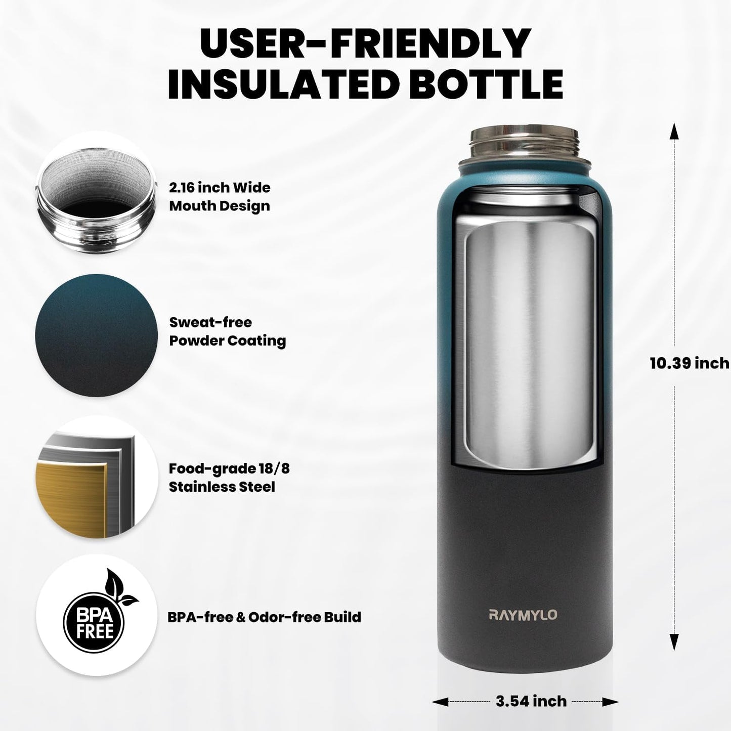 Insulated Water Bottle 40 oz, Triple Wall Vacuum Stainless Steel (Cold for 48 Hrs), Leak Proof & Non-BPA, Modern Water Flask Jug with Paracord Handle & Straw Spout Lids, Indigo/Black