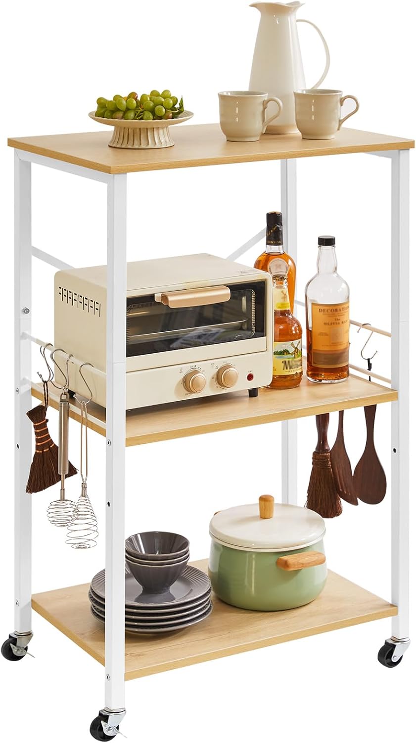 IBUYKE Kitchen Shelf Cart, 3-Tier Microwave Oven Stand, Baker’s Rack with Metal Frame and 8 Hooks, Industrial Printer Stand, Utility Standing Storage Shelf for Coffee Bar, Simple Assembly, TMJ023R