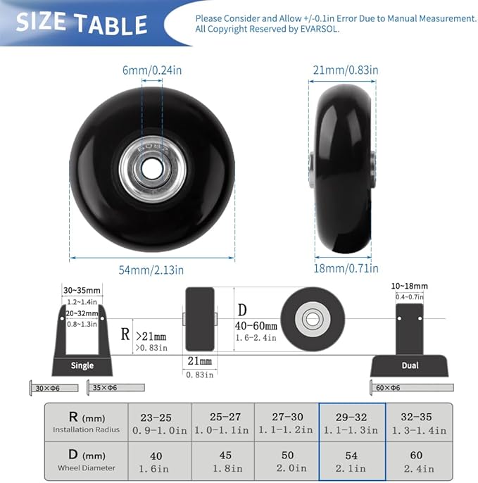 54mm 4PCS Luggage Suitcase Replacement Wheels for Trolley Case Travel Bags Caster Inline Roller Skating Roller Swivel Rubber Wheels Bearings Repair Kits with Axles 30mm&35mm&60mm