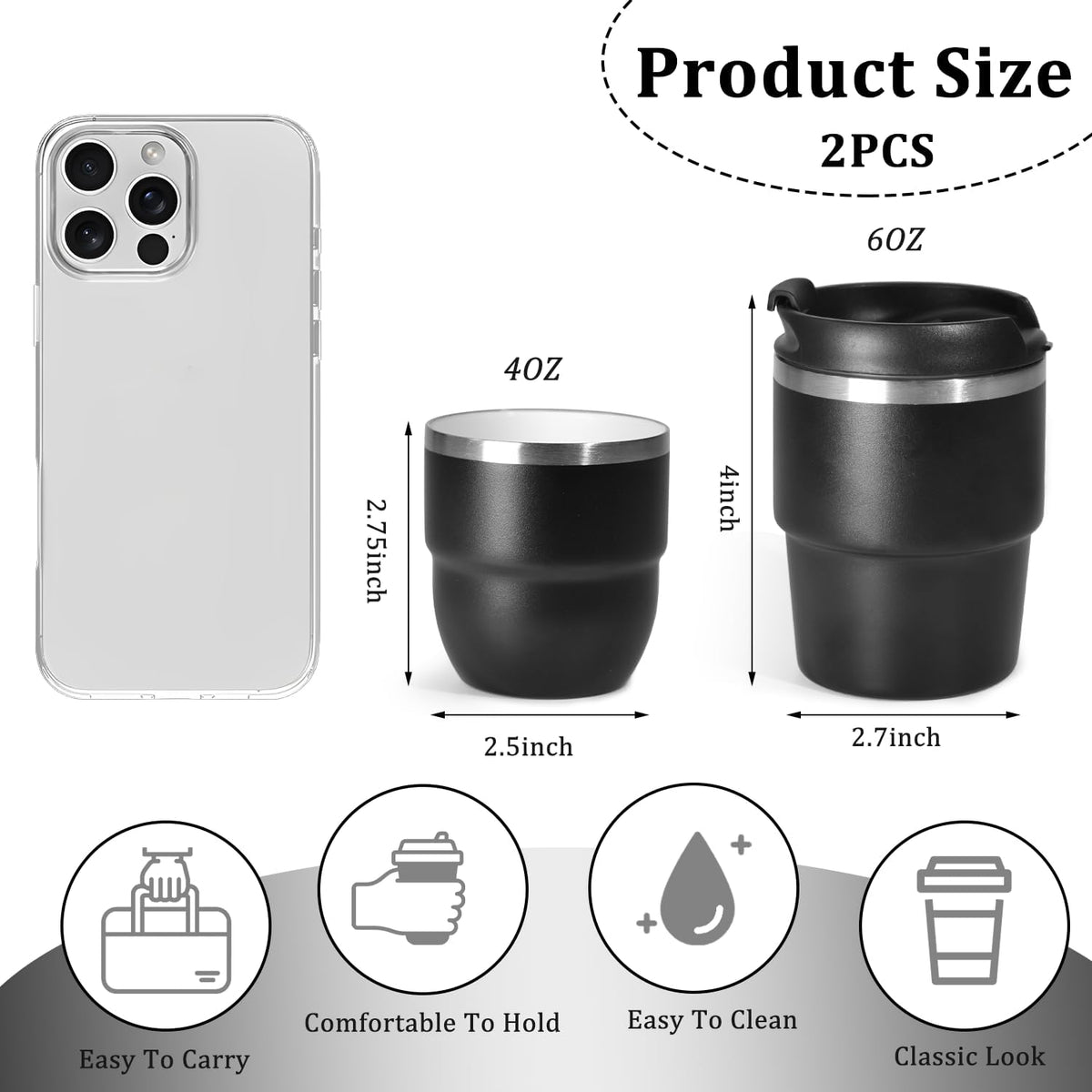 6oz Espresso Cups, Insulated Espresso Cups Set of 2, Expresso Shots Cup, Stainless Steel Shot Glasses for Coffee, Portable Espresso Travel Mug for Camping