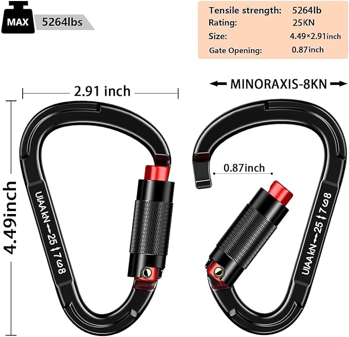 Auto Locking Carabiner Heavy Duty Carabiner 25kN UIAA Certified Climbing Carabiner Climbing Equipment Safety Carabiners for Rappelling, Hammocks, Rescue, Dog Leash, Swing