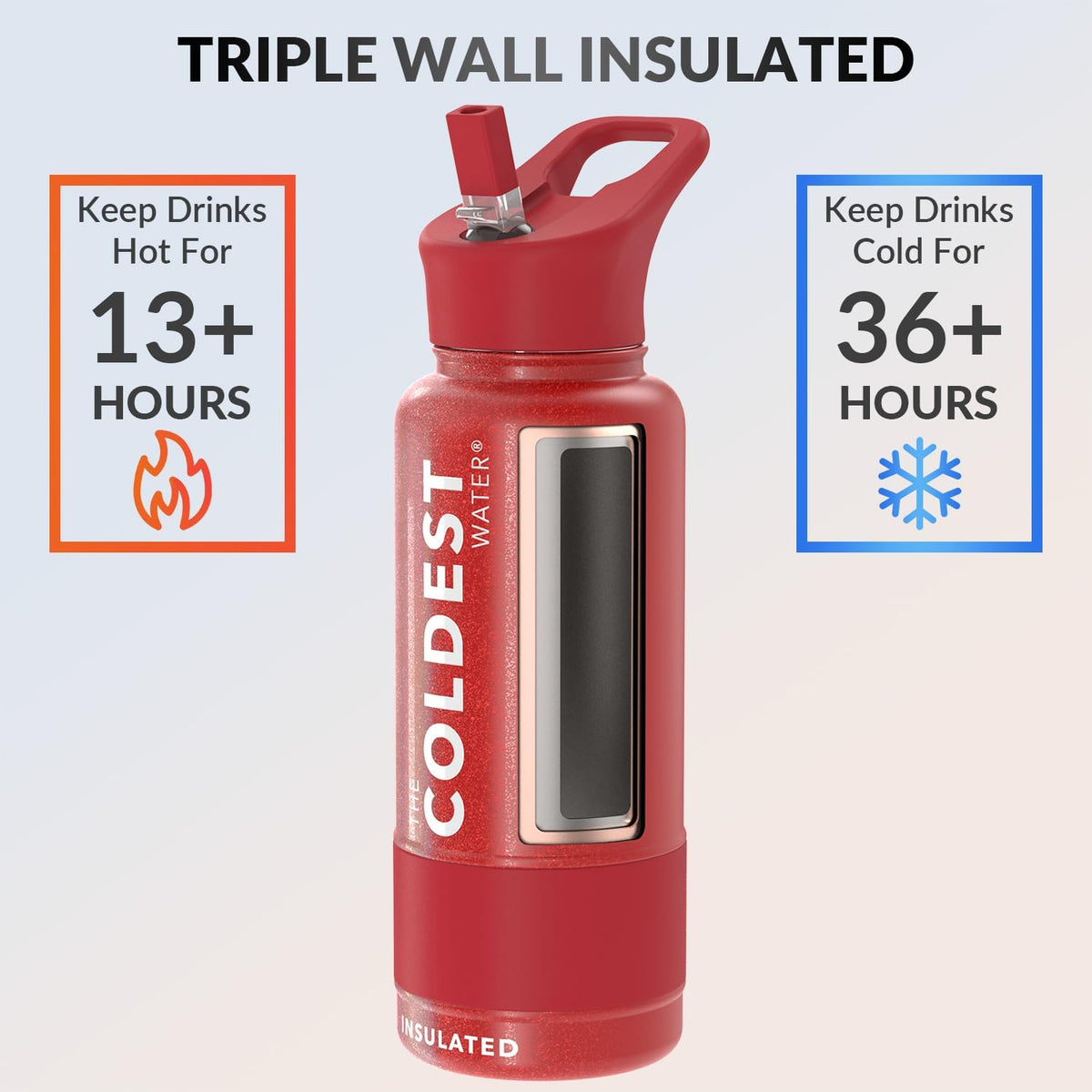 Coldest Insulated Water Bottle with Straw Lid - Stainless Steel Metal Insulated Bottle for Men & Women (Mars Red Glitter, 32 oz)