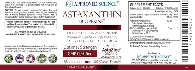 Approved Science® Astaxanthin 12 mg - Extra Strength Antioxidant - Supports Heart, Eyes, Skin - 180 Vegan Capsules - 6 Month Supply