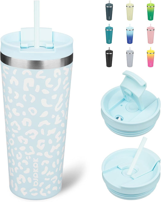 BJPKPK 22oz Tumbler With lid And Straw Stainless Steel Travel Coffee Mug Insulated Tumblers Cups,Light Blue Leopard