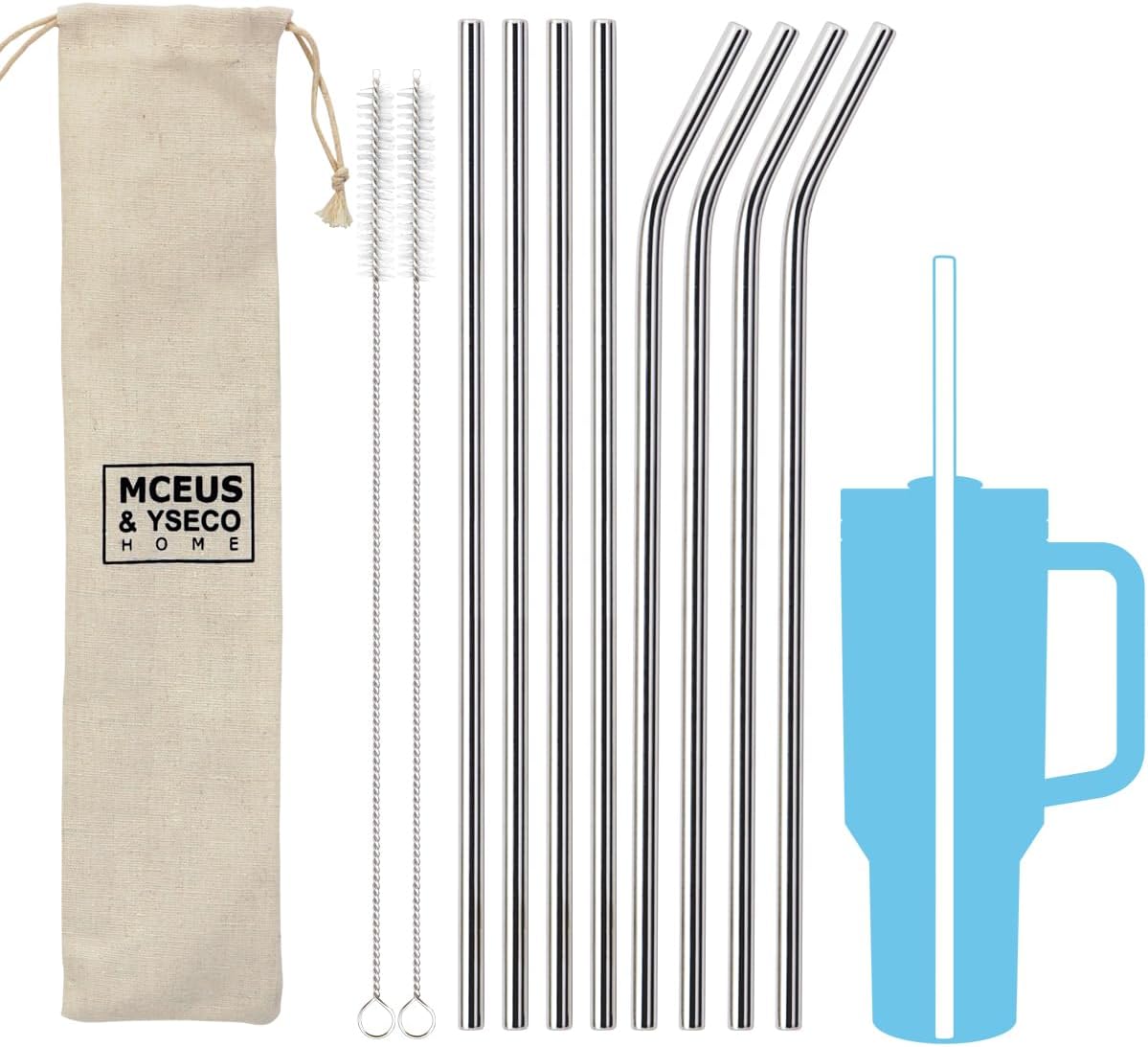 8 Pack Extra Long Metal Replacement Straws for Stanley 40oz Adventure Travel Tumbler, 304 Stainless Steel Reusable Drinking Straws with Clean Brush Compatible with Stanley Quencher 40oz Tall Tumbler