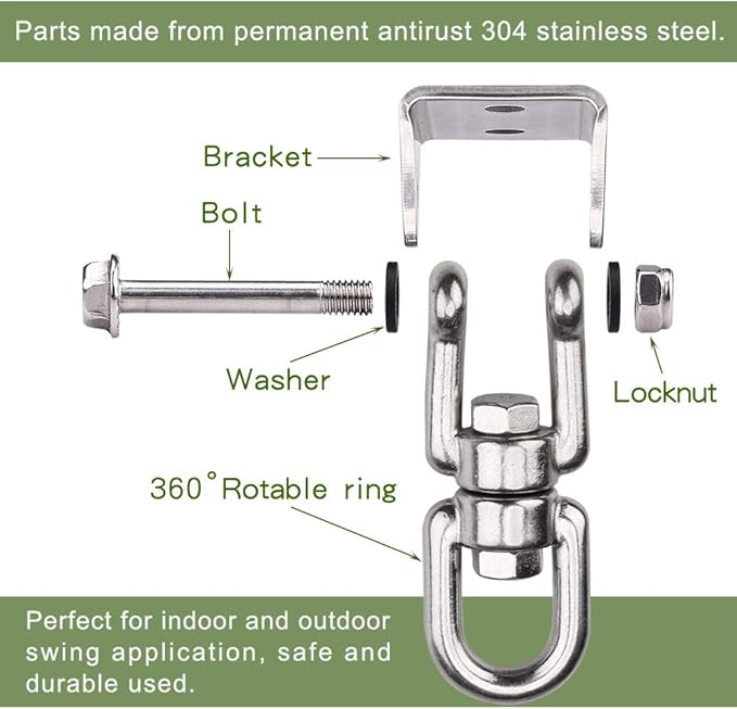 2 Pack Heavy Duty 360 Swivel Hanger, Stainless Steel Swing Hook for Ceiling, Wooden Swing Set Bracket, Punching Bag Hanger for Playground Gym Rope Hammock Chair, 1200 Lb Load