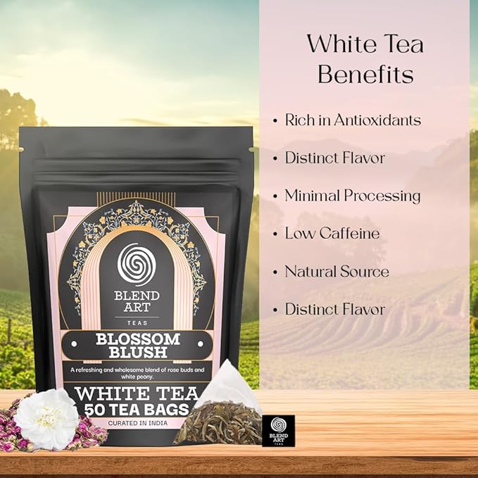 Blendart Blossom Blush Rose White Tea Bags Delicate Caffeinated Tea Made from Fresh Leaves. Natural Premium White Tea Bags -50 Pyramid Tea Bags