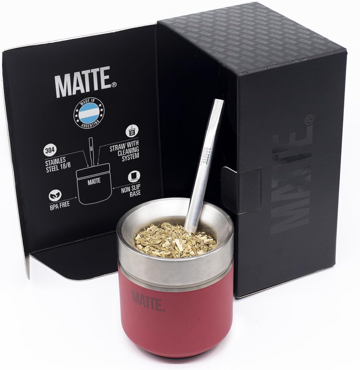 Matte 6.5 oz Yerba Mate Gourd and Bombilla Set - Includes DS Pro Box - BPA Free Yerba Mate Set Kit with Mate Straw, Elegant Design, Non-Slip Base (Scarlet)