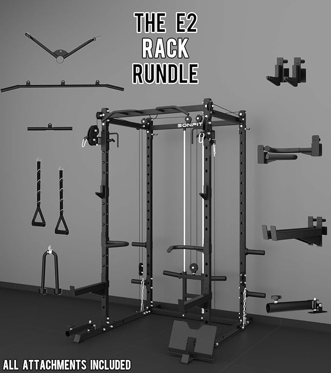 Eonfit E2 Power Cage，1500LB Squat Rack with Cable Crossover System.Multi-Function Power Rack for Home Gum.All-in-One Squat Rack with More Training Attachments