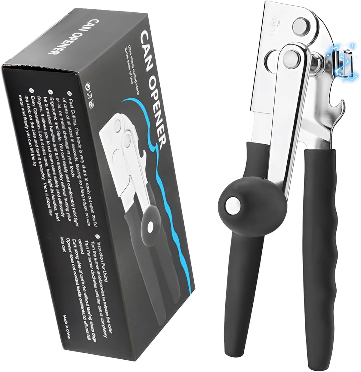 Commercial Can Opener,Stainless Steel Heavy Duty Hand Crank Can Openers with Comfortable Extra-long Handles,Ergonomic Design,Black