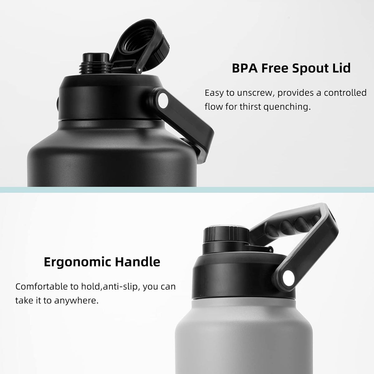 BJPKPK One Gallon(128 oz) Insulated Water Bottle, Dishwasher Safe Stainless Steel Thermos, BPA Free Jug with Ergonomic Handle & Anti-slip Bottom, Large Water Bottle, Grey