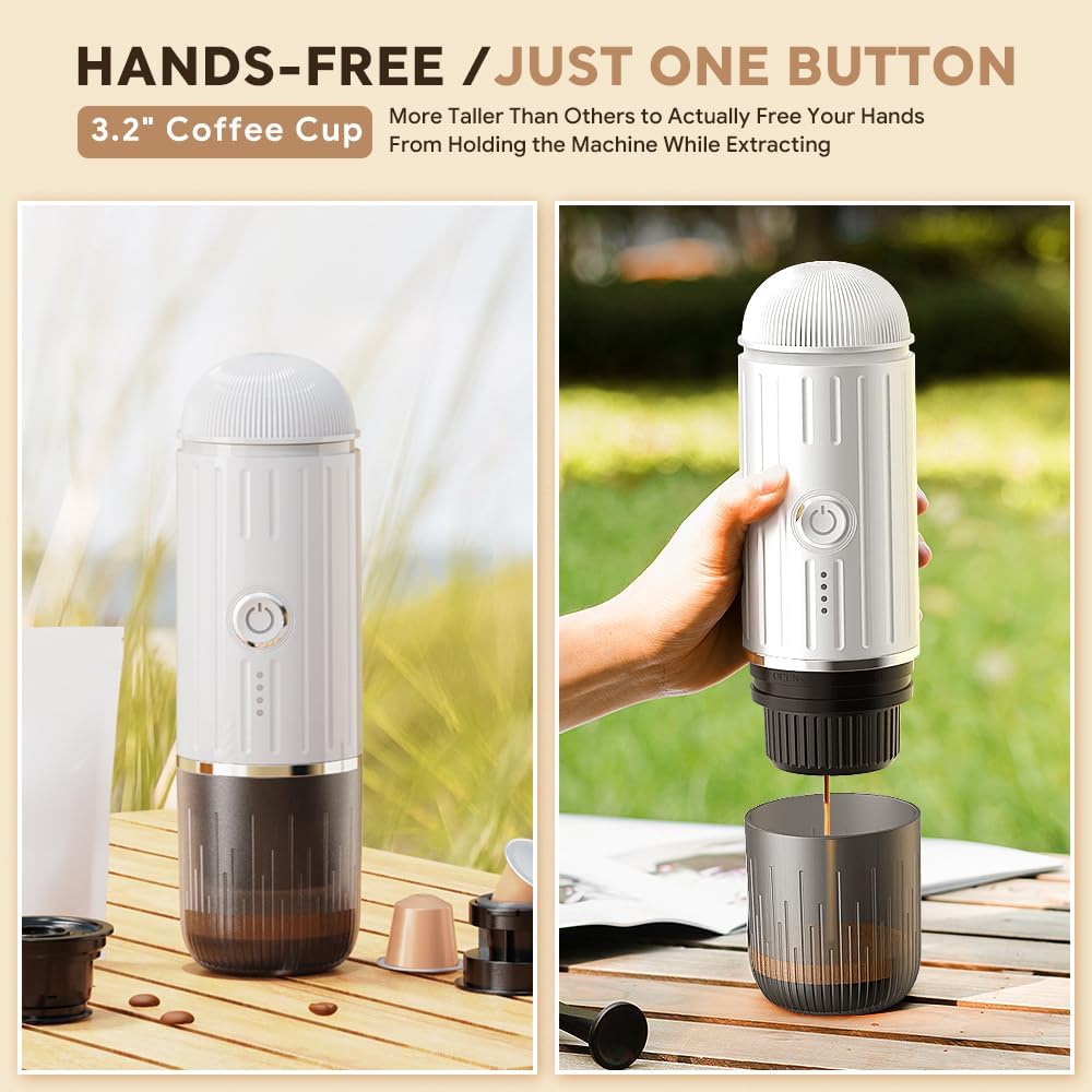 BENFUCHEN Portable Electric Espresso Machine, Travel Coffee Maker for Camping, On the Go Car Coffee Maker Self-Heating with USB-C, With Ground Coffee & N Espresso Capsule for RV/Hiking/Office, White