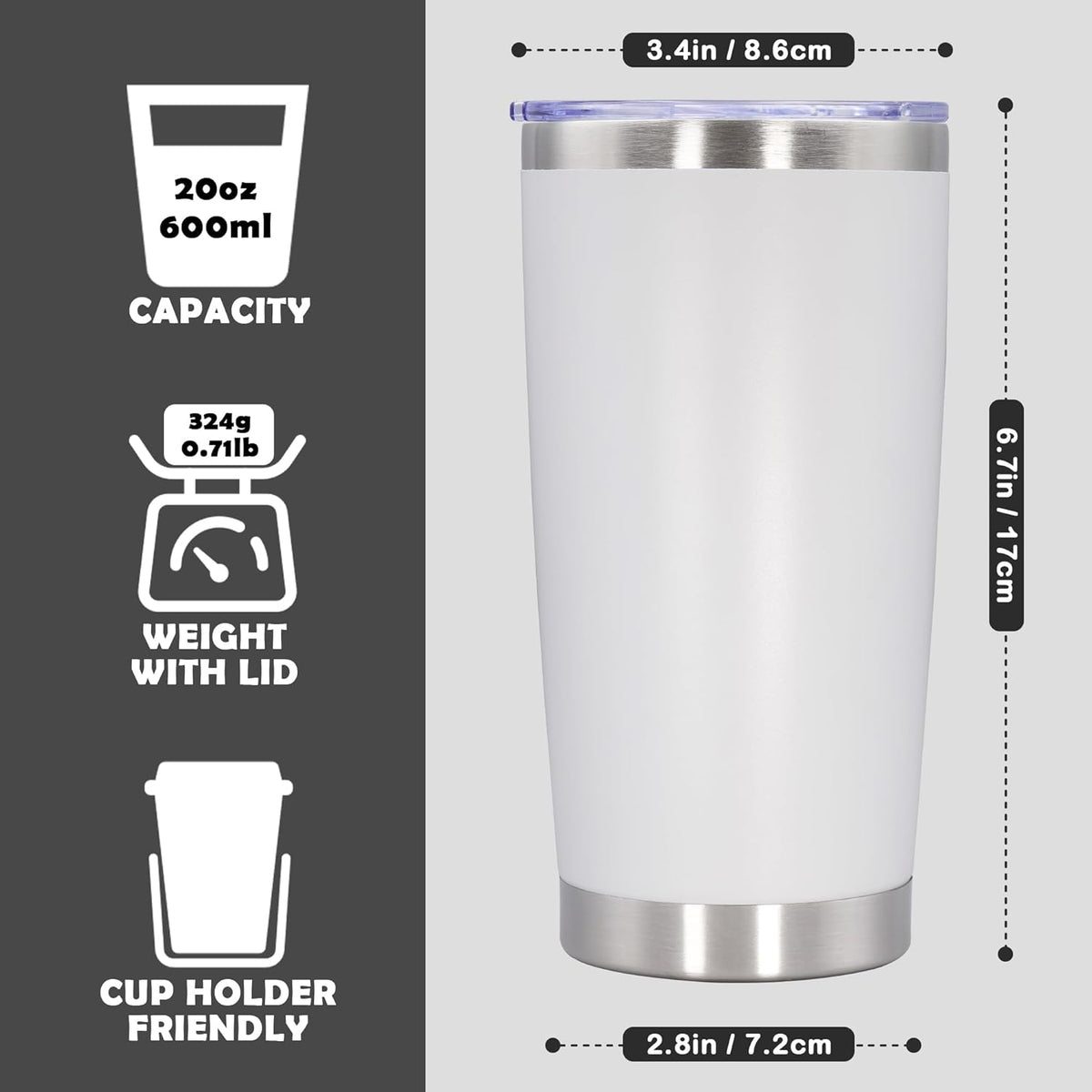20oz Tumbler Stainless Steel Tumbler Cup with Lid Vacuum Insulated Double Wall Travel Mug, Durable Powder Coated Travel Coffee Tumbler Mug for Hot & Cold Drinks, White,1 Pack