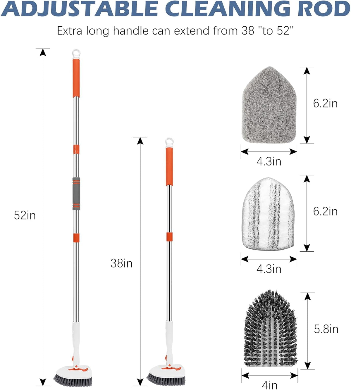 SetSail Floor Scrub Brush, 3-In-1 Tile Tub Floor Scrubber with 52-inch Adjustable Long Handle Shower Cleaner and 3 Detachable Replacement Brush Heads for Cleaning Bathroom Kitchen Walls Tub Tile