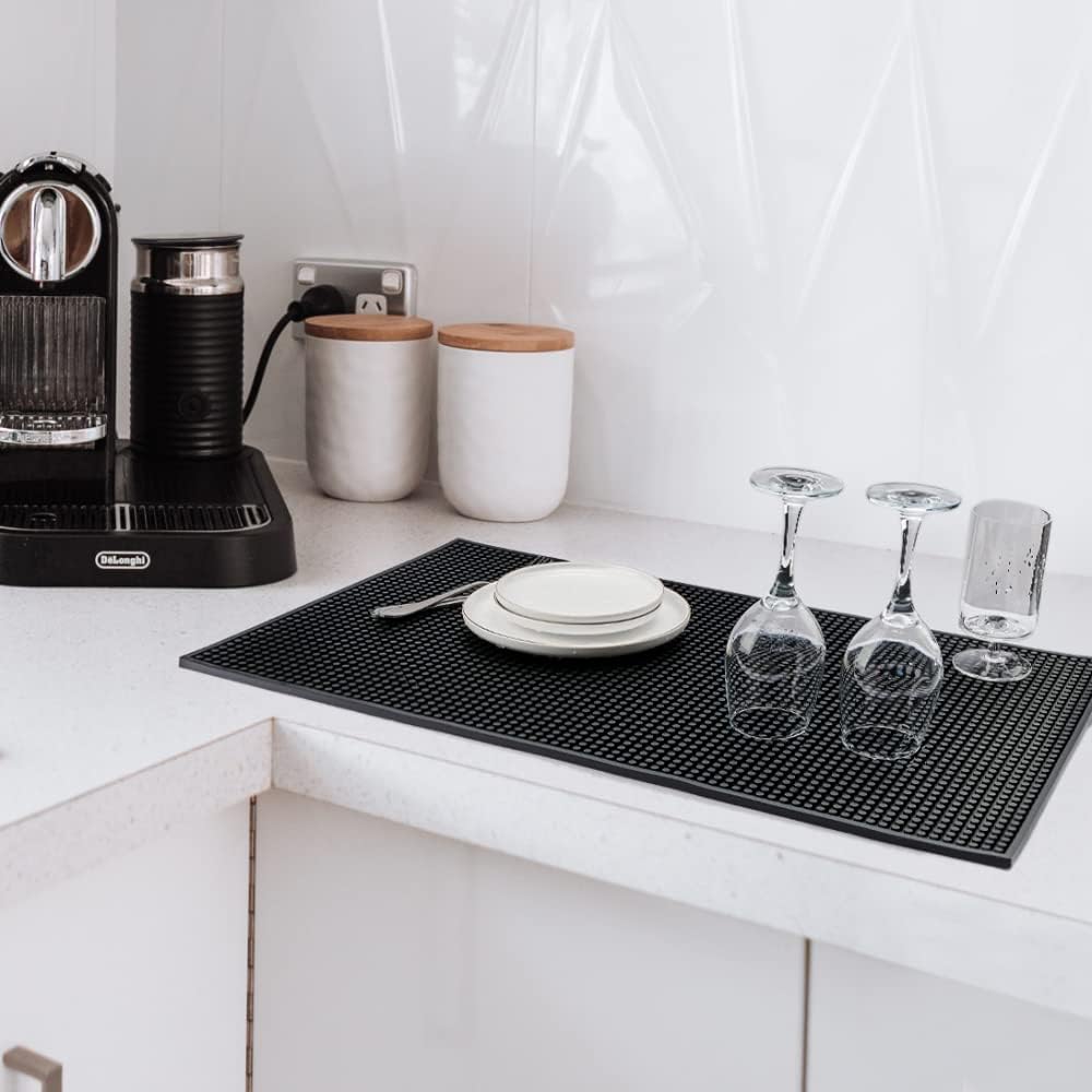 Large Size Thicker Bar Mat for Countertop,Dish Drying Mat, Coffee Bars, Tea Bar,Under Sink Storage Mat 12X24''( Black)