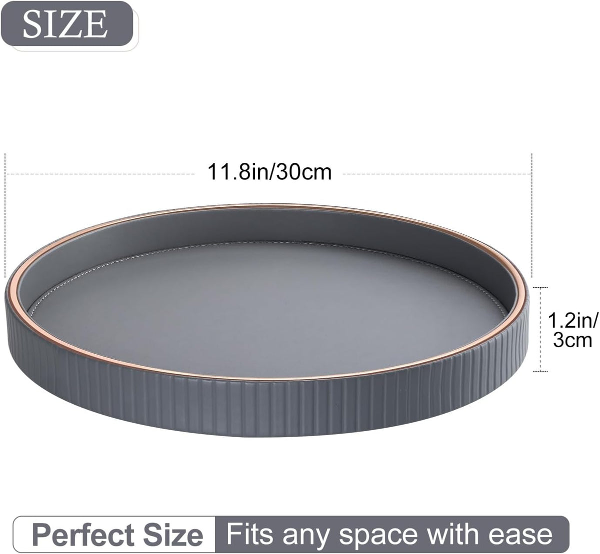 GORESE Round Coffee Table Tray for Home Decor, 12" PU Leather Decorative Serving Trays Table Centerpiece for Kitchen Island, Perfume Trinket Trays for Dresser, Ottoman Tray Nightstand Organizer, Gray
