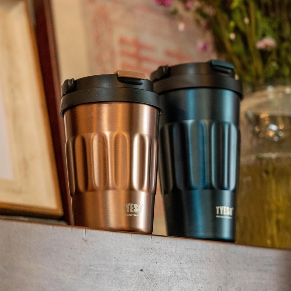 TYESO Stainless Steel Portable Tumbler with Flip Lid,Travel Mug with Concealed Carry Handle, Leakproof Insulated Coffee Cup (ROSE GOLD, 13 OZ)