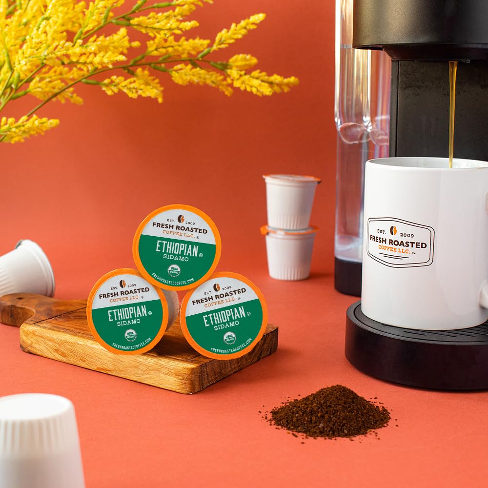 Fresh Roasted Coffee, Organic Ethiopian Sidamo | Fair Trade, USDA Organic, 100% Single Origin, Kosher | Light Roast 72 Pods for K Cup Brewers