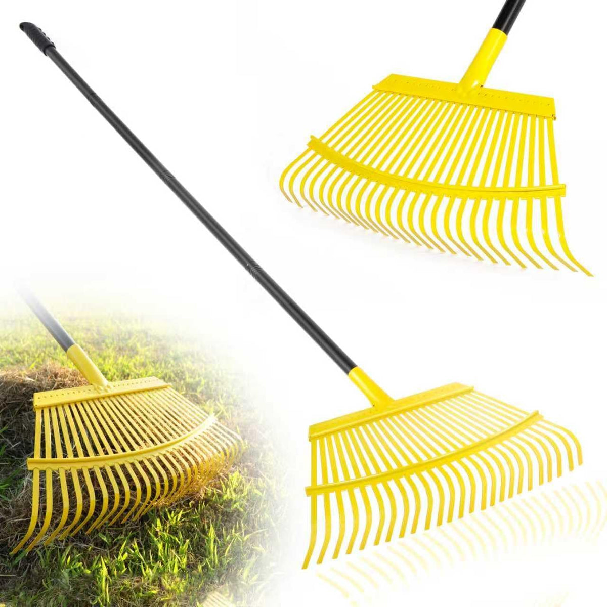 Garden Leaf Rake, 18” Wide Metal Rake with 25 Teeth, 62" Adjustable Long Handle, Heavy Duty Lawn Yard Tool for Leaves, Grass, Shrubs, Debris, Pine Needles, Garden Cleanup Tools for Backyard