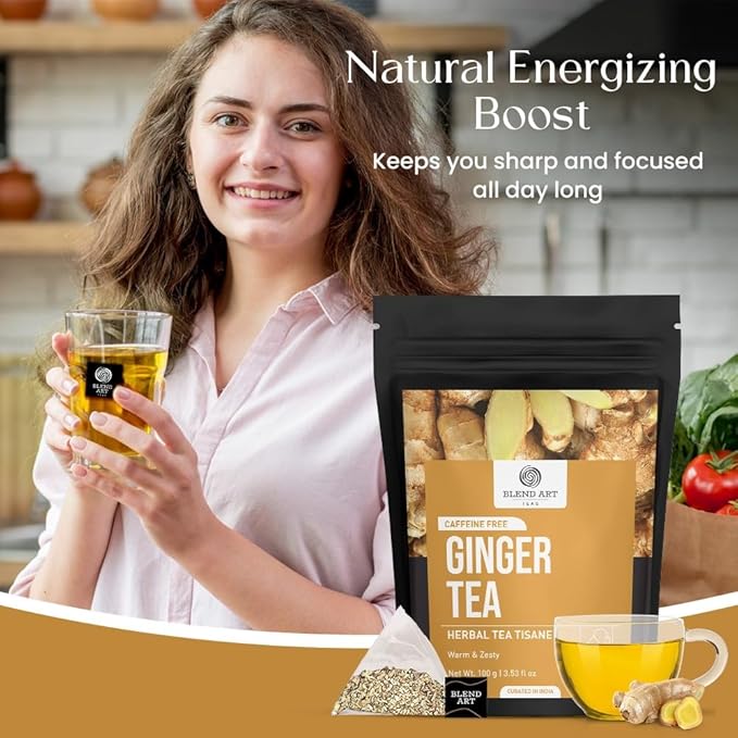 Blendart Ginger Tea Bags, 50 Tea bags - 100% Pure Ginger Root Tea Bag - Warm & Spicy Caffeine Free Ayurvedic Herbal Tea - Support Digestion & Boost Immunity Pyramid Teabags