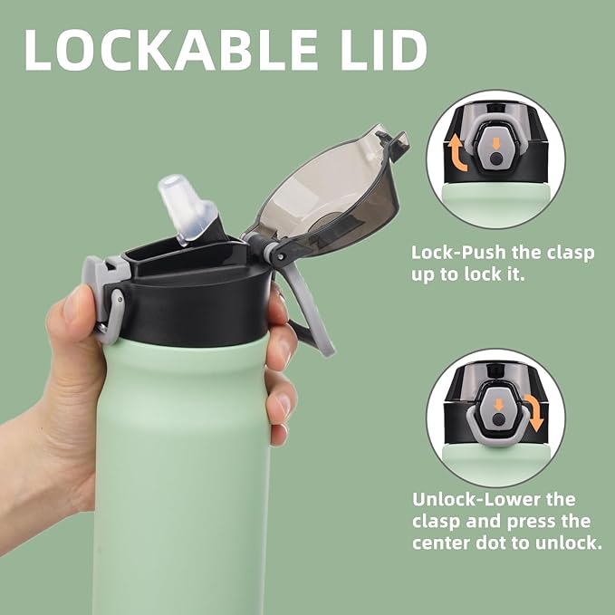 Insulated Water Bottle with Straw and Carry Loop,18 oz Stainless Steel Double Wall Vaccum Metal Water Flask with Leak-proof Lid, Avocado Green