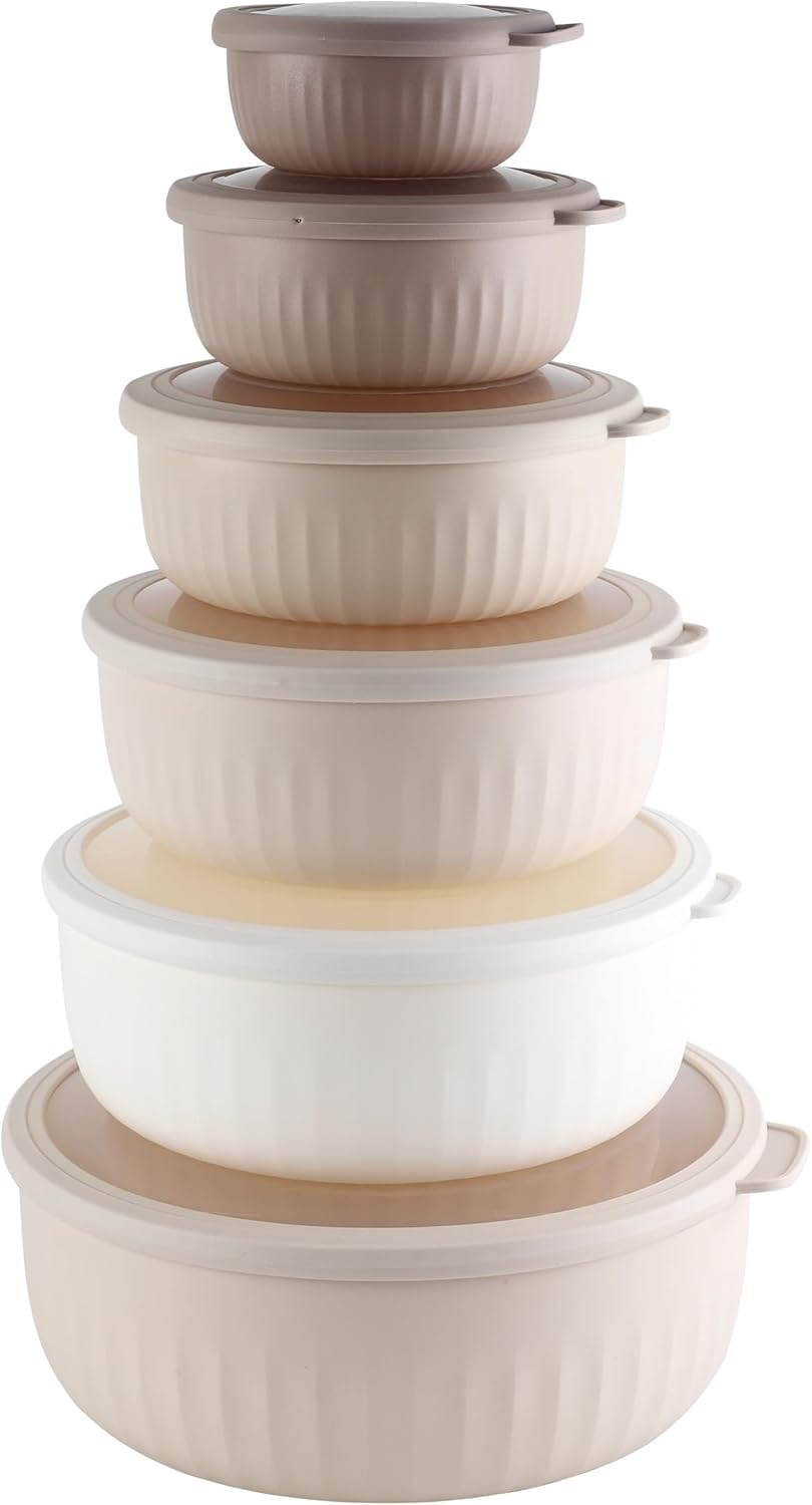 COOK WITH COLOR Prep Bowls with Lids- Wide and Deep Nesting Plastic Small Mixing Bowl Set with Lids, 12 Piece Set - Wide Bowls, Brown