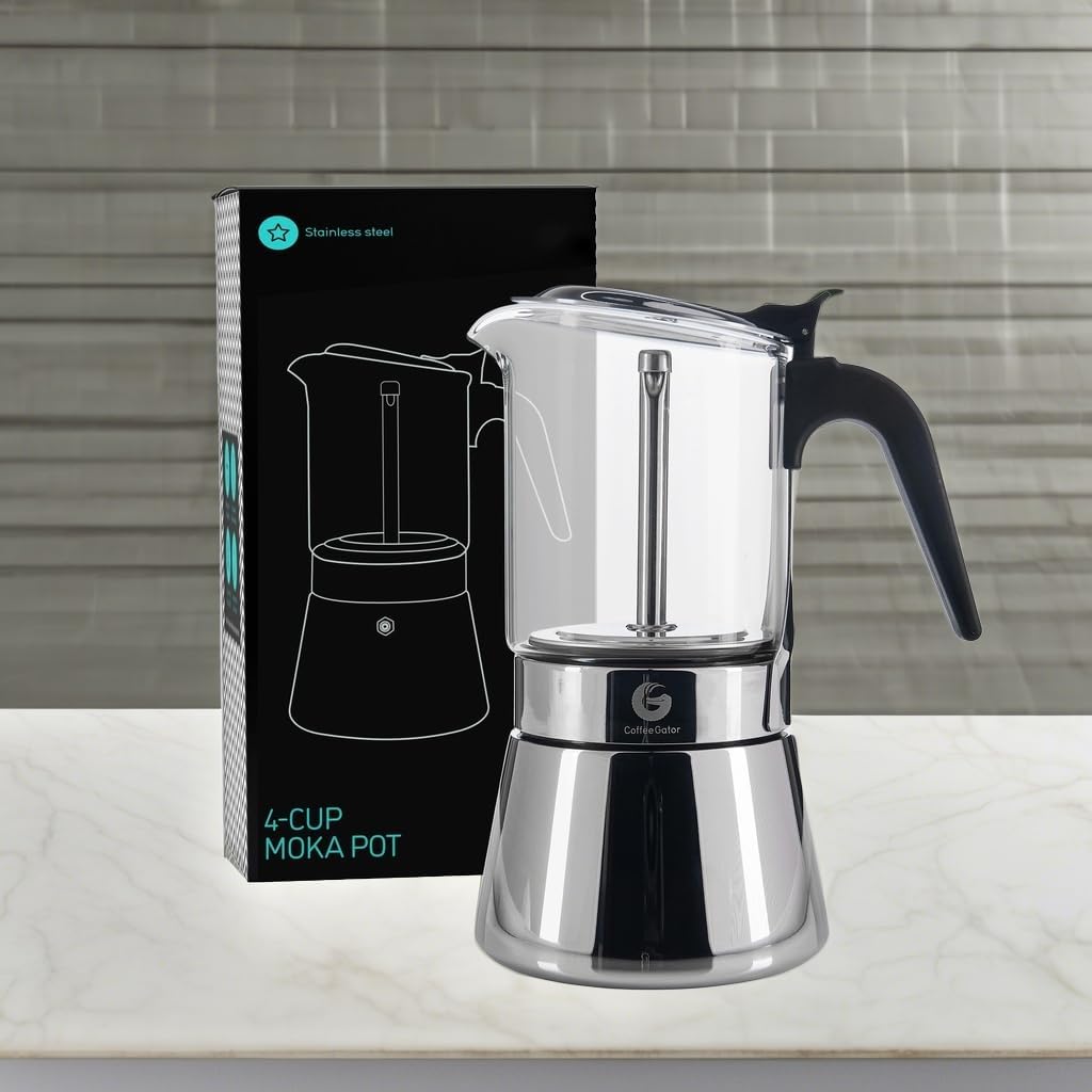 Coffee Gator 4 Cup Moka Pot, 6.7oz Stovetop Espresso Maker for Italian Coffee, Transparent Glass & Stainless Steel Design, Silver, 200ml