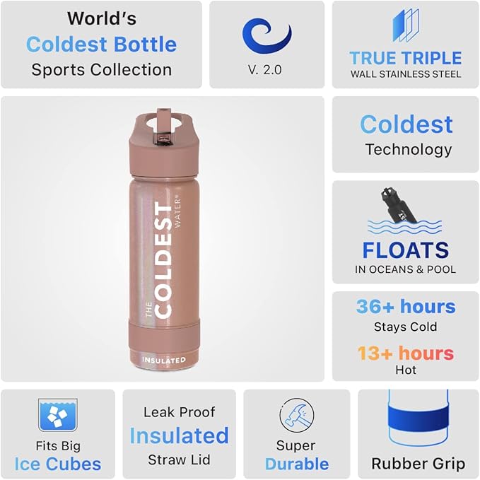 Coldest Insulated Water Bottle with Straw Lid - Stainless Steel Metal Insulated Bottle for Men & Women (Rose Gold Glitter, 18 oz)