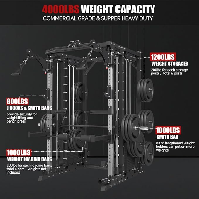 FAGUS Commercial Smithe Machine with 308lb Dual Weight Stacks, 4000LBS Power Cage Squat Rack with Lever Arm & Leg Press, Multi-Function Linear Bearing Cable Crossover Machine for Home Gym
