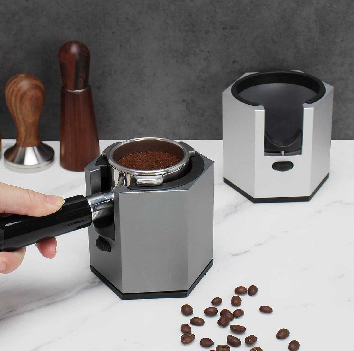 DIBTSA Coffee Portafilter Holder,Espresso Tamping Station Aluminum Alloy Espresso Portafilter Stand for Most 51mm, 53mm, 54mm, 58mm Coffee Portafilter (Hexagon,Grey)