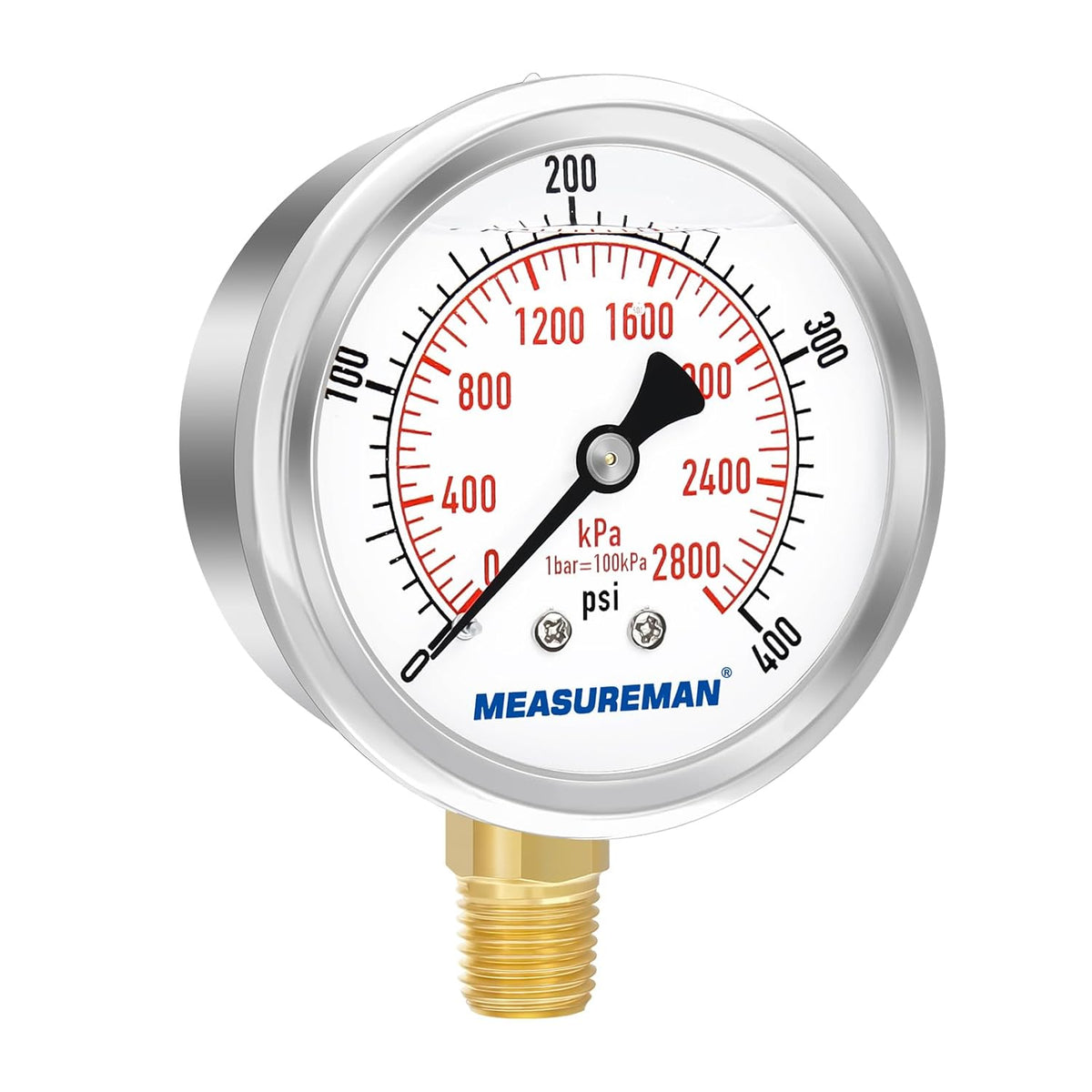 MEASUREMAN 2-1/2" Dial Size, Glycerin Filled Pressure Gauge, 0-400psi/2800kpa, 304 Stainless Steel Case, 1/4" NPT Lower Mount