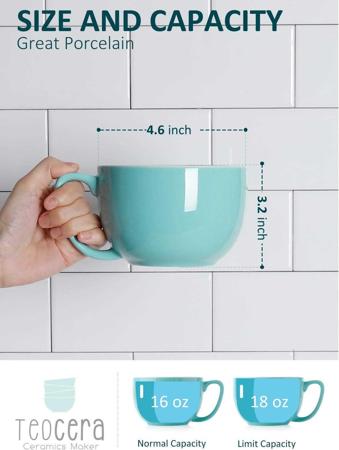 Teocera Turquoise Coffee Mugs Set of 4, 16 oz Ceramic Coffee Mug, Large Mug Set with Handle for Cold or Hot Drinks like Cocoa, Milk, Latte, Fruit Cereal, Long-lasting Porcelain with Modern Design