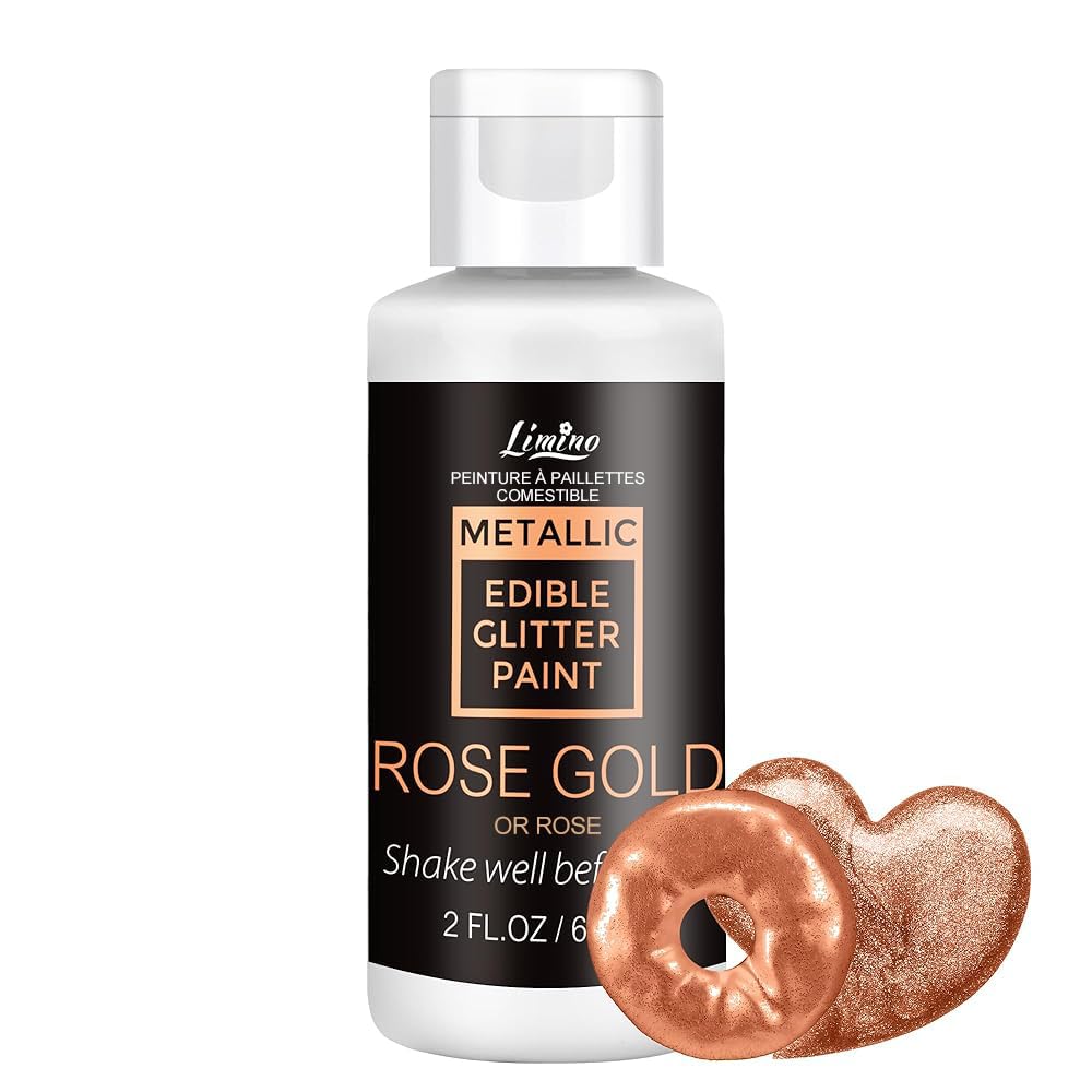 Edible Glitter Paint - 2 fl.oz Food Grade Metallic Glitter Cake Paint for Cake Decorating, Baking, Cupcakes - Shimmer Art Decorative Liquid Edible Paint Food Coloring for Fondant, Donuts (Rose Gold)