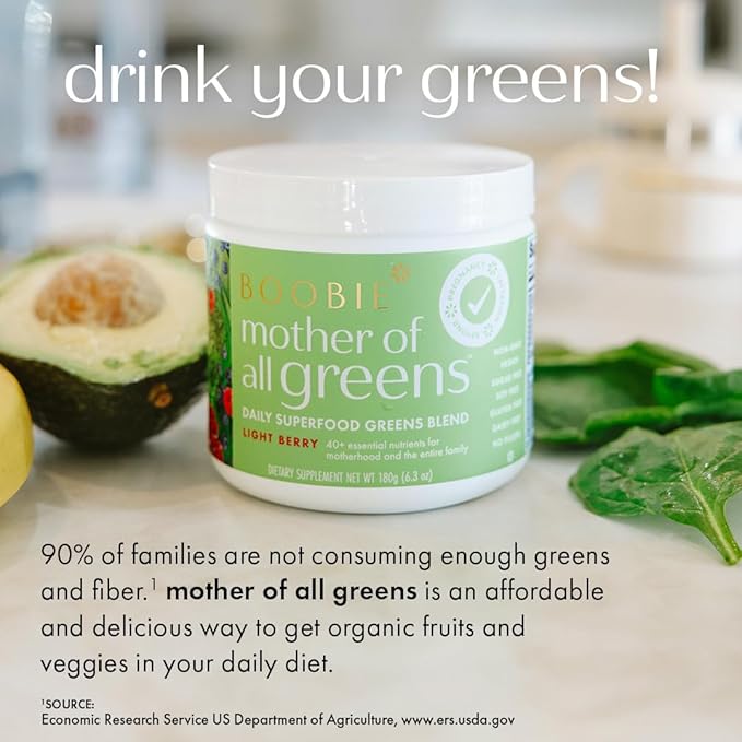Boobie Mother of All Greens | Your New Family Ritual, Daily Super Greens Powder with 35+ Essential Nutrients for Moms & Families | Vegan, Gluten Free, & Sugar Free | Mango Flavor, 30 svgs