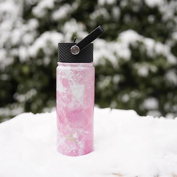 18 oz Insulated Water Bottle Stainless Steel Sport Bottles with 3 Lids,Marble Blossom