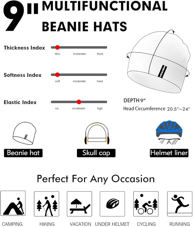 9" Multifunctional Lightweight Beanies Hats Snug Fitting, Running Skull Cap Helmet Liner Sleep Caps