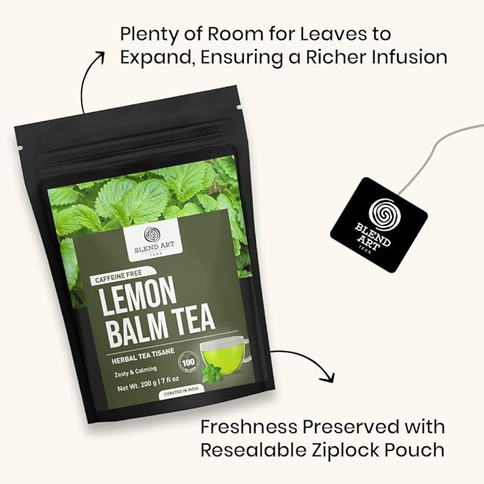 BlendArt Lemon Balm Tea Bags – 100 Count | Caffeine-Free Herbal Tea with Citrus Flavor & Aroma | Pure Lemon Balm Leaves