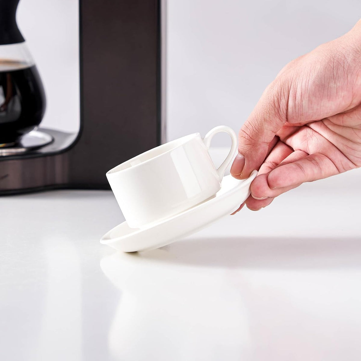 2.5 Ounce Porcelain Espresso Cups with Saucers and Silver Stand, White Stackable Cups Set of 4